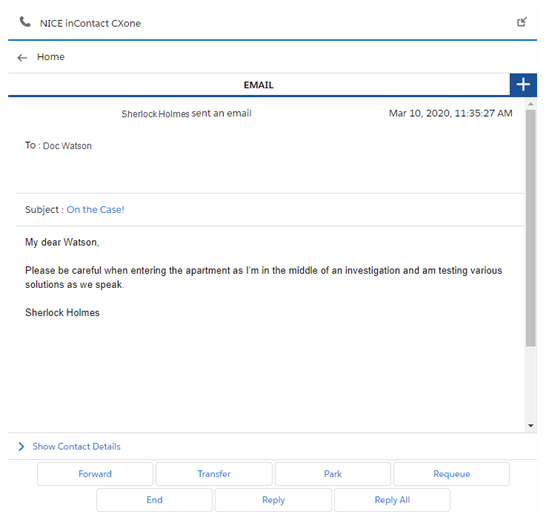 Un correo activo en Salesforce Agent Lightning, con opciones de Reenviar, Transferir, Detener, etc. en la parte inferior.