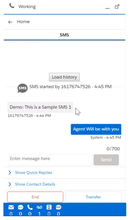 Un mensaje de texto SMS activo en Salesforce Agent Lightning, con el mensaje del contacto, un cuadro de texto y un botón de enviar.