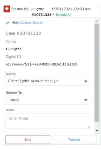 La página Detalles del contacto, que muestra el nombre del contacto, la identificación digital, el nombre de Salesforce, el caso al que se relaciona y un espacio para notas.