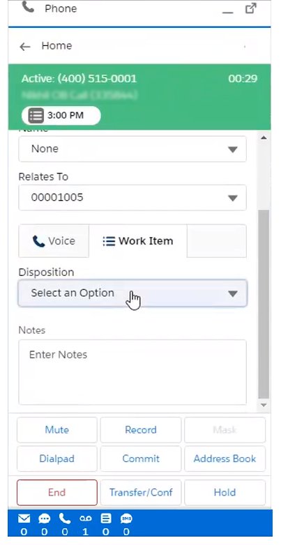 La opción Mostrar detalles del contacto en Salesforce Agent Lightning ampliado, que muestra un menú desplegable para Disposición.