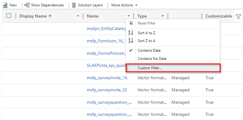 Se ha hecho clic en la flecha desplegable de la columna Nombre, y el cursor se desplaza sobre la opción Filtros personalizados que aparece.