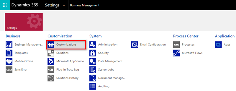 En el menú Configuración que aparece, el cursor se desplaza sobre Personalizaciones. Está en la segunda columna de enlaces enumerados.