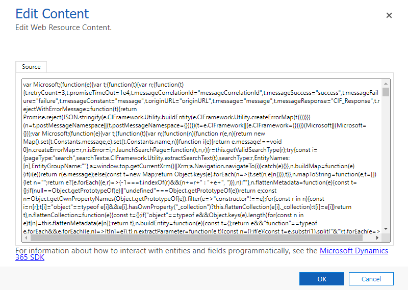 En la ventana emergente Editar contenido, el texto de la ventana se ha reemplazado con el texto en el archivo msdyn_internal_ci_library. El botón Aceptar está en la parte inferior derecha.
