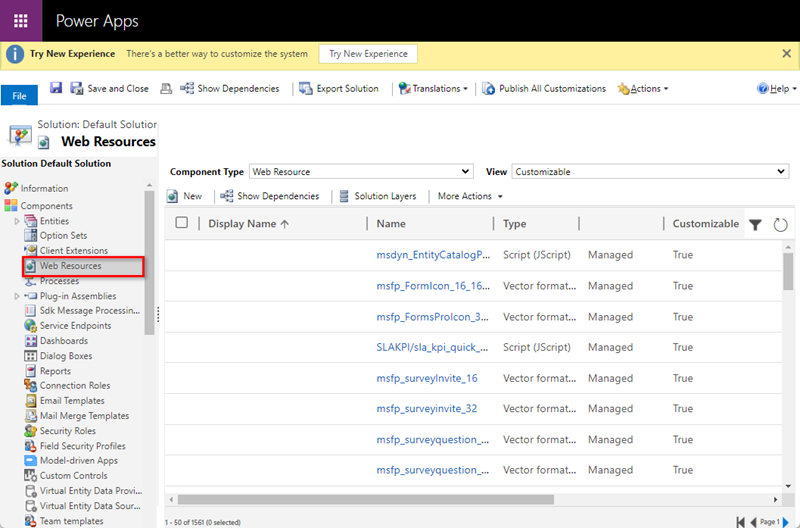 La ventana Personalizar el sistema en Microsoft Power Apps. El cursor se desplaza sobre Recursos web a la izquierda.