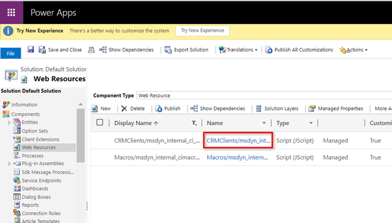 Aparece CRMClients\msdyn_internal_ci en la primera fila debajo de la columna Nombre.
