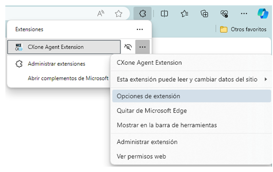 Se hace clic en Opciones, el icono de tres puntos, junto a Extensión de navegador CXone Agent. Otra ventana emergente indica la opción Mostrar en la barra de herramientas.