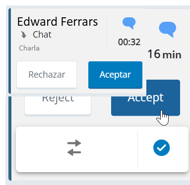 Un chat entrante. Muestra el nombre del contacto, el icono de chat, el tiempo de espera y los botones de rechazo y aceptación.