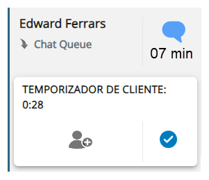 Debajo del nombre y la habilidad del contacto, el recuadro dice Temporizador de cliente, con el temporizador a su lado.