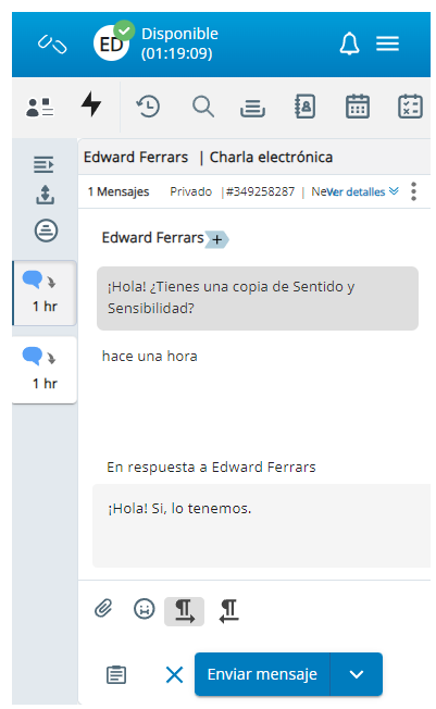 La interfaz de la aplicación de agente. Las interacciones activas se enumeran a la izquierda. El menú superior muestra los iconos de navegación.