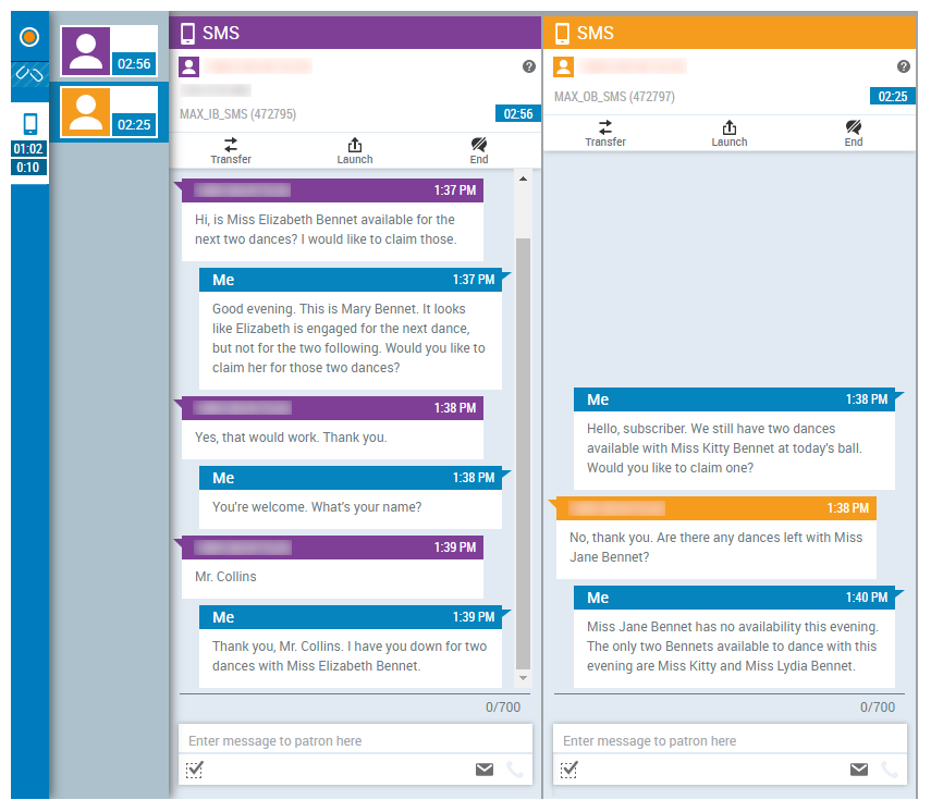 Imagen del espacio de trabajo de manejo de contactos de CXone Messaging (SMS) con opciones para elevar a correo electrónico y voz.