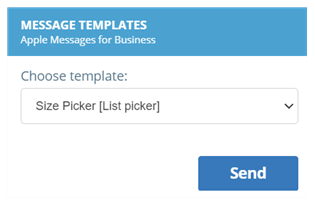 La pantalla Plantillas de mensajes para Apple Messages for Business. Tiene un menú desplegable Elegir plantilla y un botón Enviar.