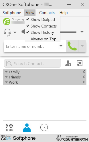 Imagen de las opciones desplegables para el elemento Ver de la barra de herramientas en CXone Softphone.