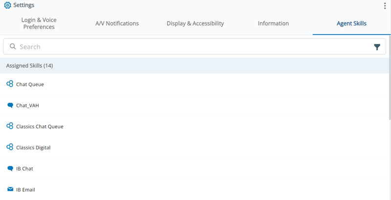 La pestaña Habilidades de agentes, que muestra una barra de búsqueda, un icono de filtro y una lista de habilidades a las que está asignado.
