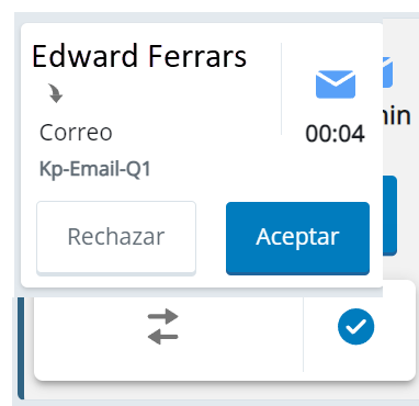 Un correo electrónico entrante. Muestra el nombre del contacto, el icono de correo electrónico, el tiempo de espera y los botones de rechazo y aceptación.