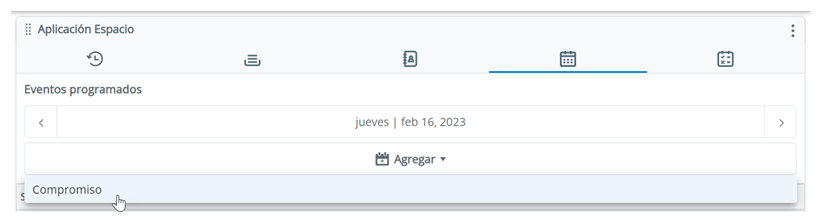 En Programación, el usuario ha hecho clic en Agregar y su cursor se desplaza sobre Compromiso.