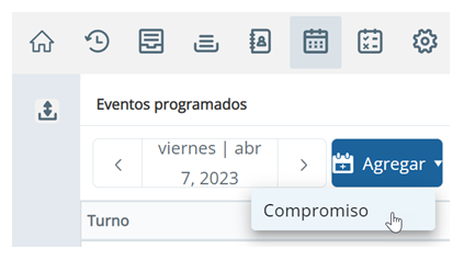 En Programación, el usuario ha hecho clic en Agregar y su cursor se desplaza sobre Compromiso.