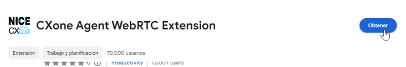 CXone Agent WebRTC Extension en la Chrome Webstore. El cursor se desplaza sobre Obtener.