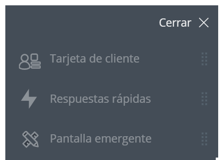 La parte superior del Menú muestra aplicaciones en letra gris. Este ejemplo contiene Tarjeta de cliente, Respuestas rápidas y Ventanas emergentes.