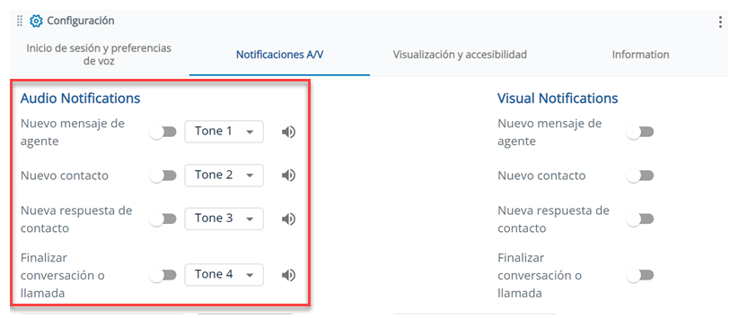 La sección Notificaciones de audio, con opciones para Nuevo mensaje de agente, Nuevo contacto, Nueva respuesta de contacto y Finalizar chat o llamada.