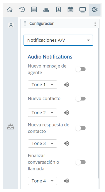 La sección Notificaciones de audio, con opciones para Nuevo mensaje de agente, Nuevo contacto, Nueva respuesta de contacto y Finalizar chat o llamada.