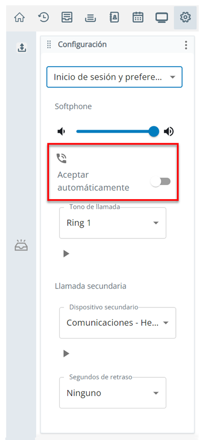 Aceptar automáticamente está en la sección Softphone de la página Preferencias de inicio de sesión y voz, dentro de Configuración.