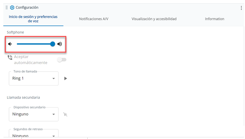 El regulador de volumen está en la sección Softphone de la pestaña Preferencias de inicio de sesión y voz, dentro de Configuración.