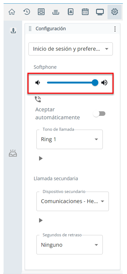 El regulador de volumen está en la sección Softphone de la página Preferencias de inicio de sesión y voz, dentro de Configuración.