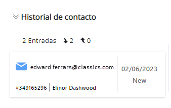 La sección Historial de contacto se expande y muestra una interacción anterior por correo electrónico, el agente que la gestionó, la fecha y el resultado.