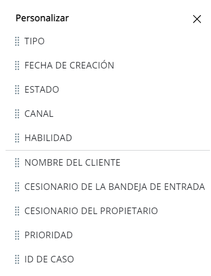 La ventana emergente Personalizar, donde se enumeran estas columnas por encima de la línea: Tipo, Fecha de creación, Estado, Canal y Habilidad.