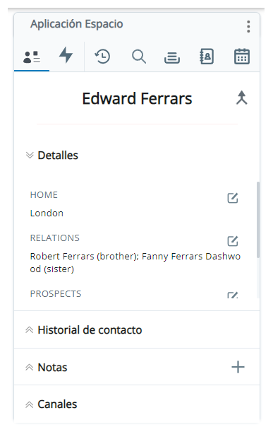 Tarjeta de cliente, con el nombre del contacto en la parte superior, después las pestañas desplegables denominadas Detalles, Historial de contactos, Notas y Canales.