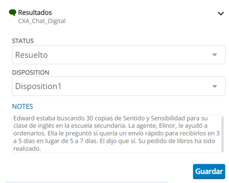 La ventana Resultados muestra el nombre del contacto, un menú desplegable para indicar el Estado y un botón de Guardar. También puede mostrar los campos Disposición, Etiquetas y Notas.