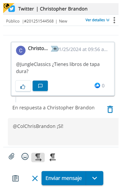 Comentario de un contacto en una plataforma social. Se pulsa el botón Responder. El nombre de usuario del contacto se menciona en el cuadro de texto.