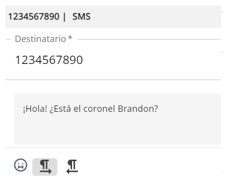 Un borrador de mensaje de texto SMS. Muestra el número de teléfono del contacto, un cuadro de texto y un botón de envío.