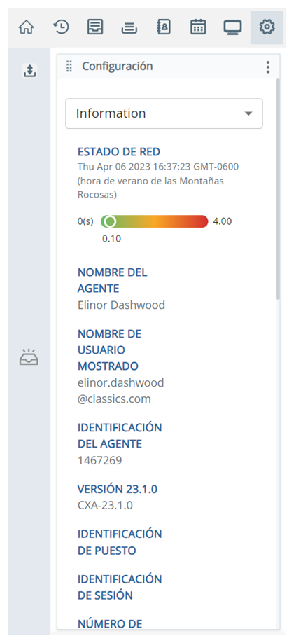 La página Información en Configuración, que muestra una barra de estado de red y la información de su cuenta y su sistema.