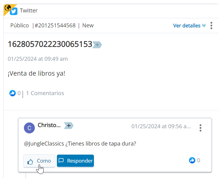 El tweet original aparece con el tuit de respuesta debajo. El cursor se desplaza sobre el botón Me gusta.