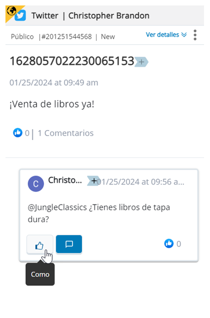 El tweet original aparece con el tuit de respuesta debajo. El cursor se desplaza sobre el botón Me gusta.