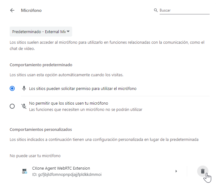 CXone Agent WebRTC Extension figura en No tiene permitido usar su micrófono. El cursor se desplaza sobre el icono Eliminar de un cubo de basura.