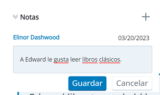 La sección Notas se expande y muestra un icono de Agregar con un signo más, el nombre del autor, la fecha, un cuadro de texto para escribir notas y los botones Guardar y Cancelar.