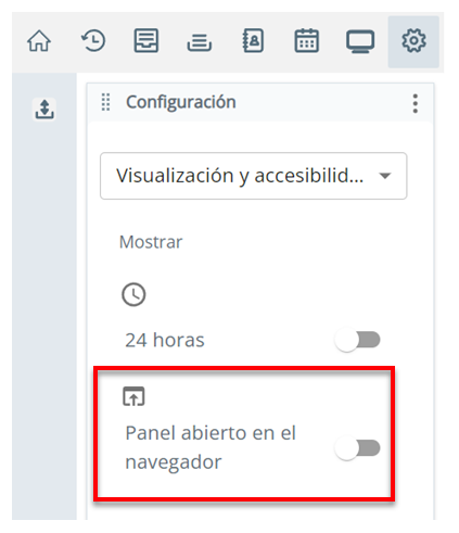 La página Pantalla y Accesibilidad en Configuración. El parámetro Panel abierto en el navegador es la segunda desde arriba.