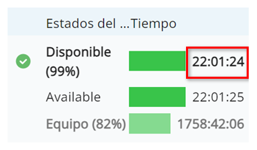 Duración en horas, minutos y segundos junto a la barra para el estado Disponible.