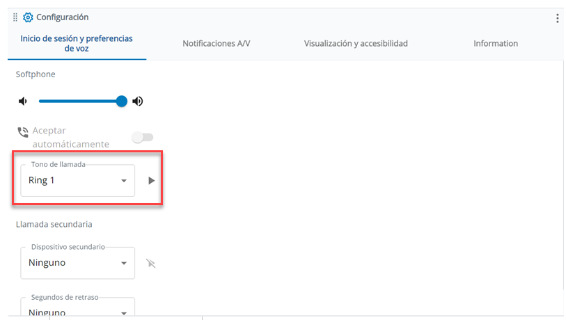 El parámetro Tono de llamada está en la sección Softphone de la pestaña Preferencias de inicio de sesión y voz, dentro de Configuración.
