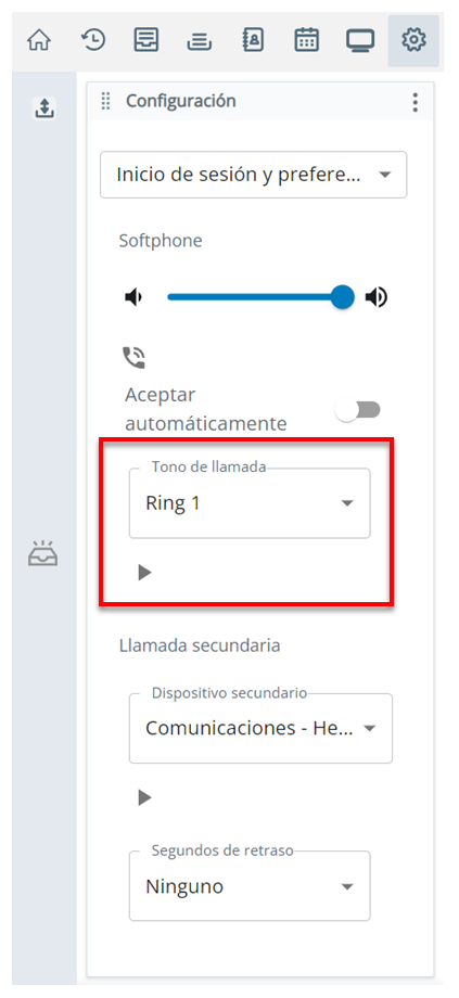 El parámetro Tono de llamada está en la sección Softphone de la página Preferencias de inicio de sesión y voz, dentro de Configuración.