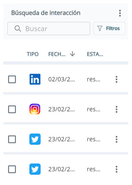 El espacio Búsqueda, que muestra una barra de búsqueda, el botón Filtros y una tabla de resultados donde se enumeran las interacciones.