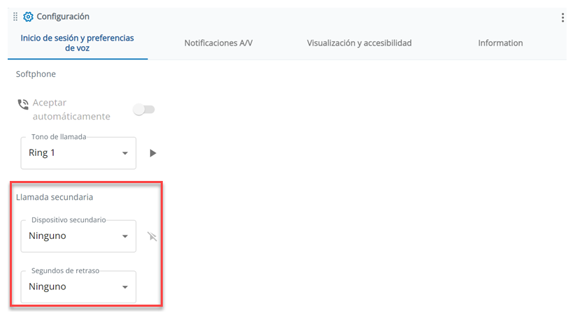 La sección Llamada secundaria en Configuración está en la pestaña Preferencias de inicio de sesión y voz.
