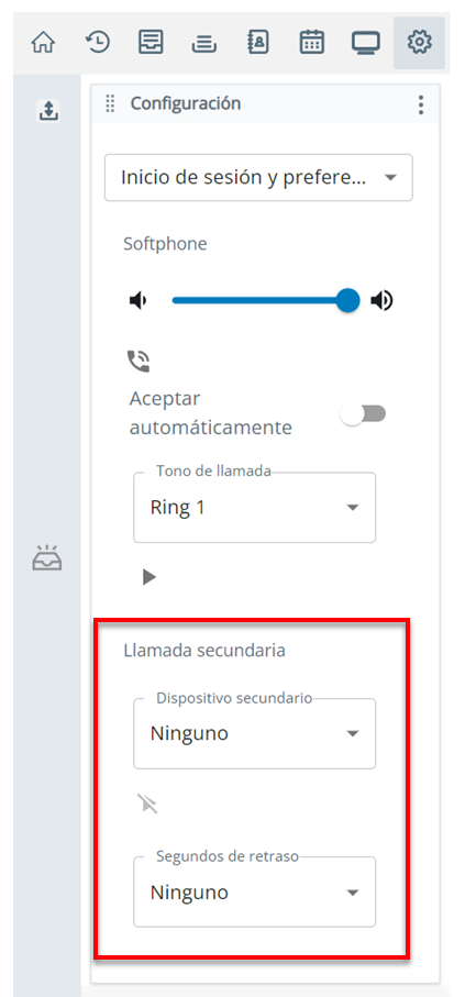 La sección Llamada secundaria en Configuración está en la página Preferencias de inicio de sesión y voz.