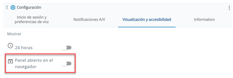 La pestaña Pantalla y Accesibilidad en Configuración. El parámetro Panel abierto en el navegador es la segunda desde arriba.