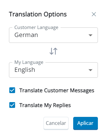 Cuadro emergente Opciones de traducción, con campos para Idioma del cliente, Mi idioma, Traducir mensajes del cliente y Traducir mis respuestas.