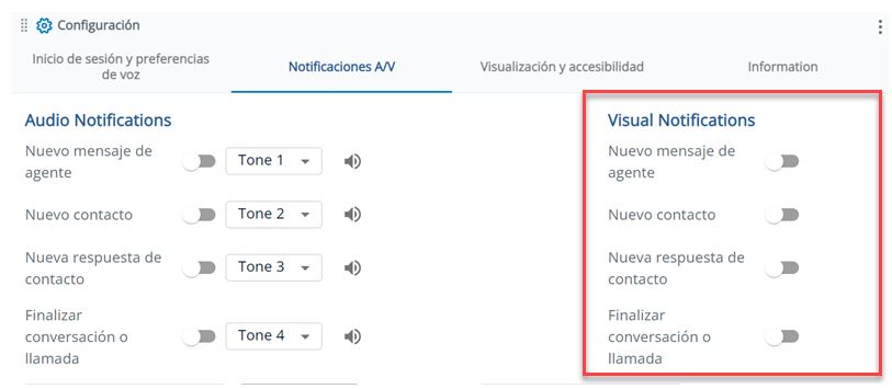 La sección Notificaciones visuales, con opciones para Nuevo mensaje de agente, Nuevo contacto, Nueva respuesta de contacto y Finalizar chat o llamada.