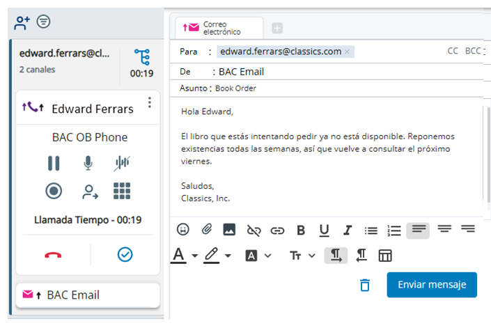 Aparece una nueva interacción para el correo electrónico saliente en el menú de interacciones.