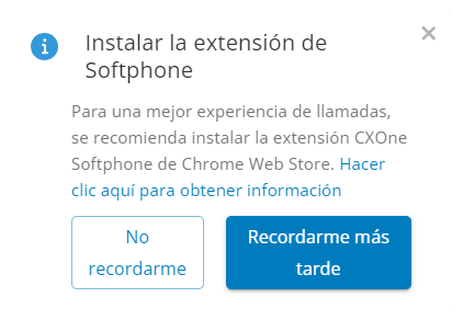 Una ventana emergente que dice Instalar extensión de Softphone, con botones de No recordarme y Recordarme más tarde.